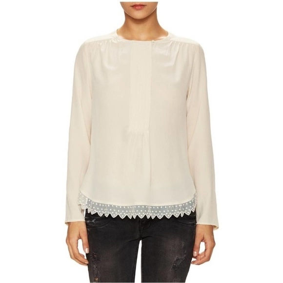 Zadig & Voltaire Tranoi navy silk top with black hem Blue lace trim blouse Sz M - Picture 3 of 14